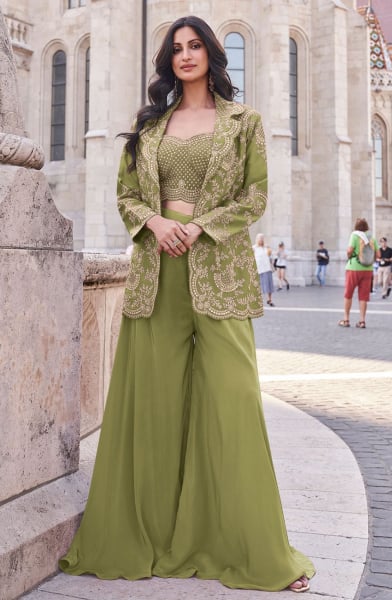 Sauf Green Embroidered Silk Designer IndoWestern