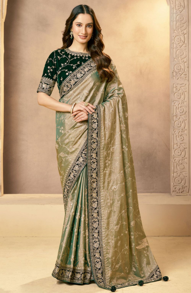 Sauf Green Heavy Embroidered Designer Saree