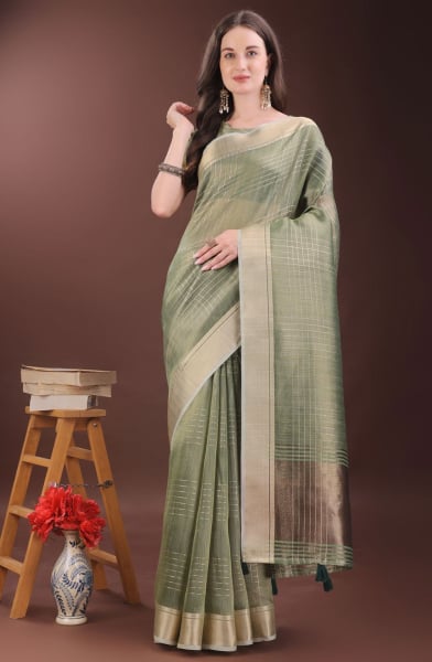 Sauf Green Organza Printed Saree