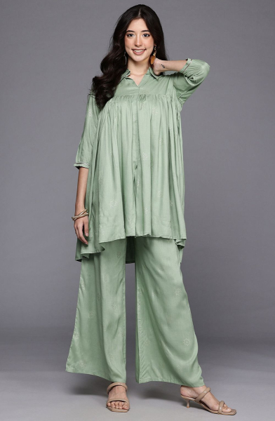 Sauf Green Rayon Co-Ord Set for Ceremonial