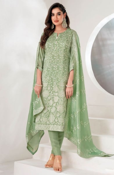 Sauf Green Silk Readymade Pant Kameez Suit