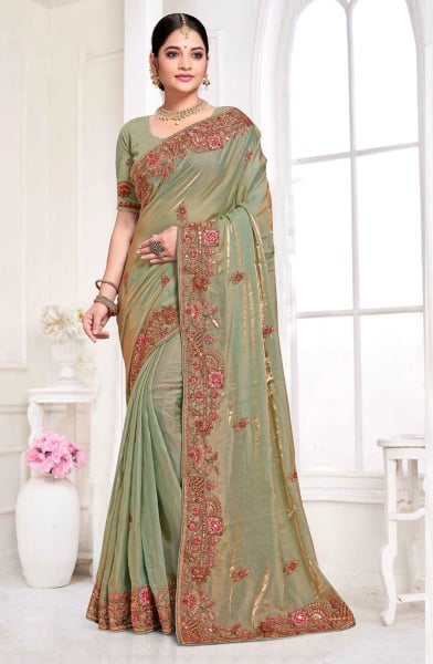 Sauf Green Two Tone Silk Sequins Embroidered Saree