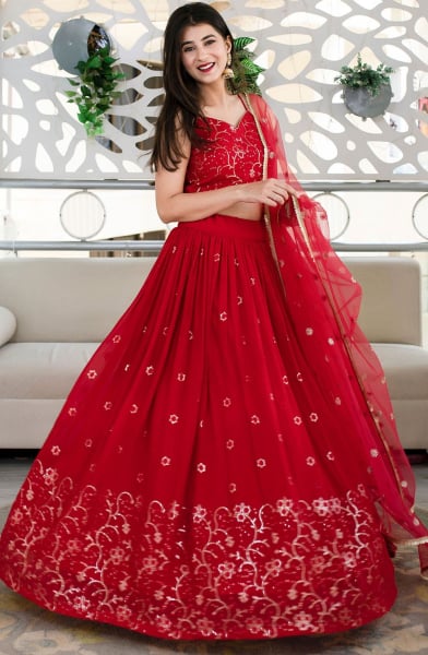 Scarlet Red Embroidered Georgette Lehenga Choli