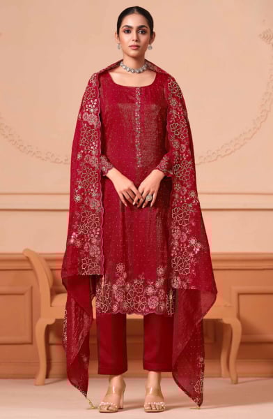Scarlet Red Embroidered Pant Kameez Suit