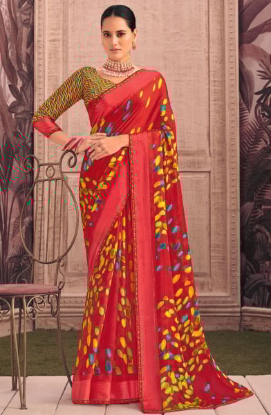 Scarlet Red Printed Casual Georgette Saree