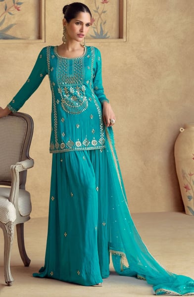 Sea Blue Chinnon Silk Designer Palazzo Kameez