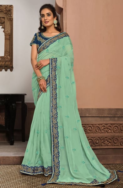 Sea Blue Designer Party Wear Saree