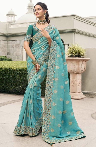 Sea Blue Embroidered Designer Tissue Silk Saree