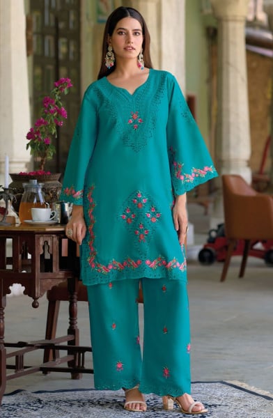 Sea Blue Embroidered Roman Silk Co-Ord Set