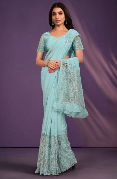 Sea Blue Organza Georgette Ready to Wear Saree