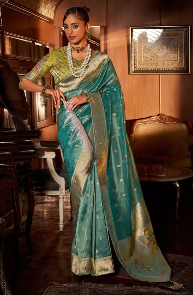 Sea Blue Woven Tissue Paithani Silk Saree
