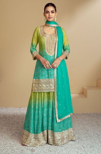 Sea Green and Parrot Green Real Digital Chinon Embrodiered Sarara Kameez Suit