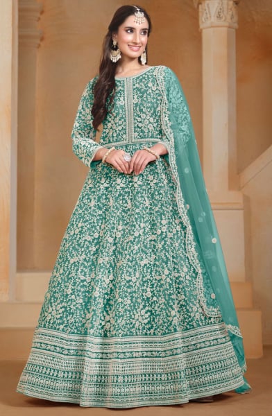 Sea Green Chain Stitch Embroidered Net Anarkali Suit