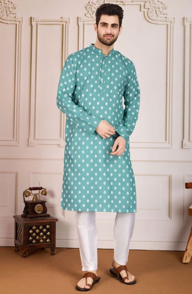 Sea Green Cotton Printed Kurta Pyjama Set