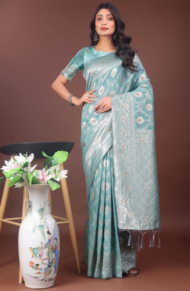 Sea Green Cotton Woven Saree
