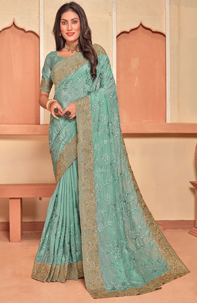 Sea Green Crape Silk Resham Embroidered Saree