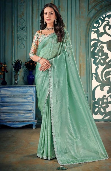 Sea Green Crush Silk Party Wear Saree