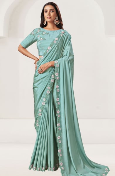 Sea Green Designer Embroidered Saree