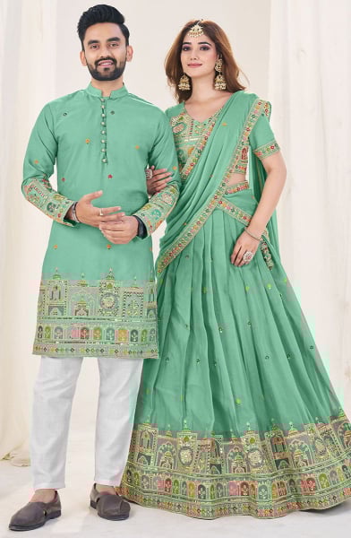Sea Green Embroidered Georgette Couple Combo