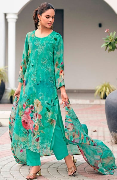 Sea Green Embroidered Georgette Pant Kameez