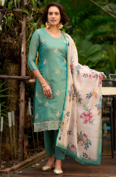 Sea Green Embroidered Tissue Readymade Pant Kameez