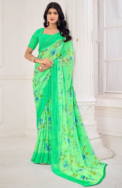 Sea Green Floral Print Chiffon Saree