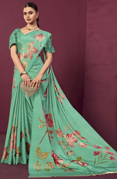 Sea Green Floral Print Crepe Silk Saree