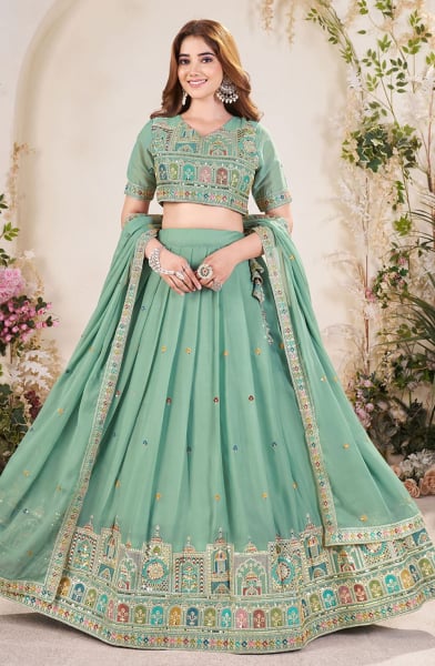 Sea Green Georgette Sequins Embroidered Lehenga Choli Set