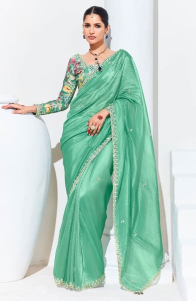 Sea Green Hand Embellished Organza Saree