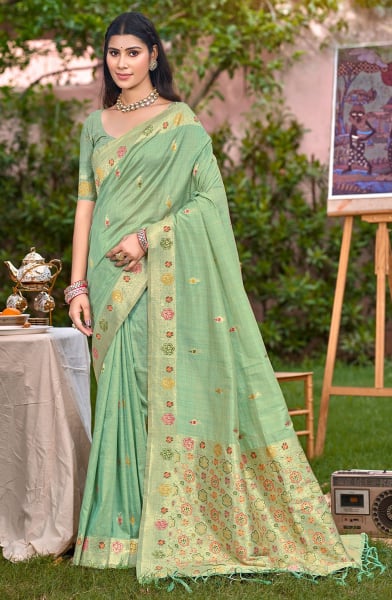 Sea Green Heavy Assam Silk Meena Work Saree for Festival