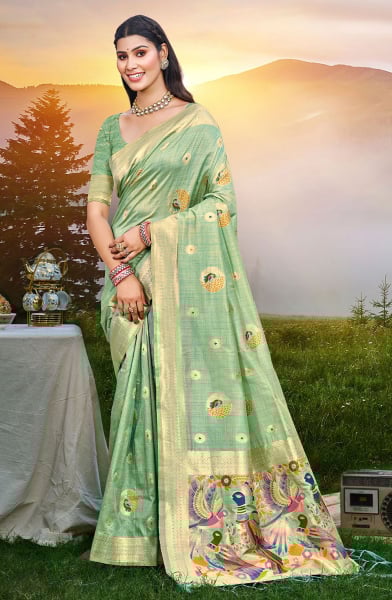 Sea Green Heavy Assam Silk Meena Work Saree for Festival