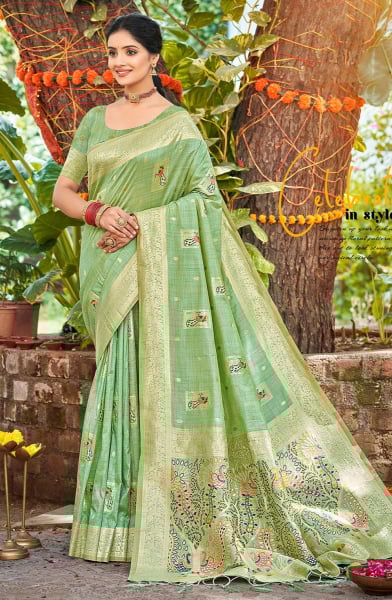 Sea Green Heavy Assam Silk Meena Work Saree for Festival