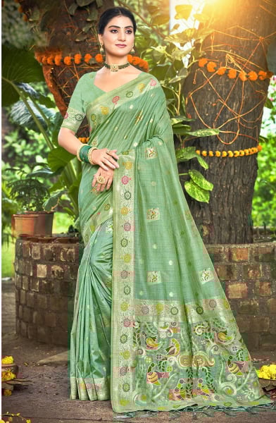 Sea Green Heavy Assam Silk Meena Work Saree for Festival