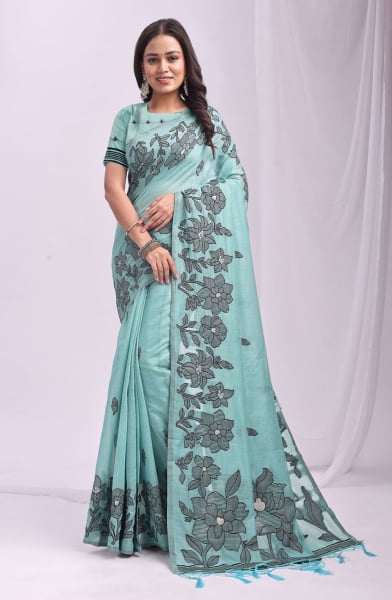 Sea Green Linen Cotton Party Wear Saree