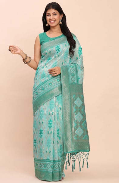 Sea Green Linen Cotton Saree