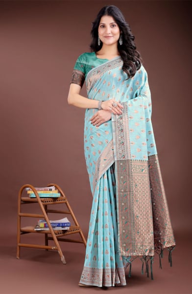Sea Green Linen Cotton Woven Saree