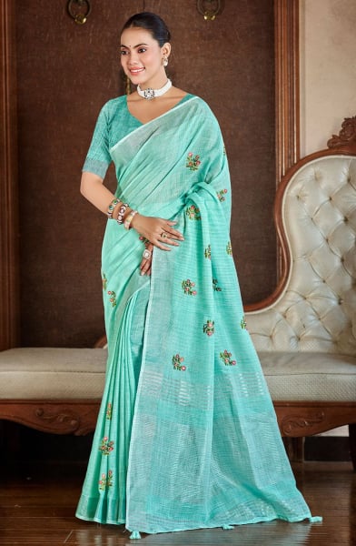 Sea Green Linen Saree for Festival