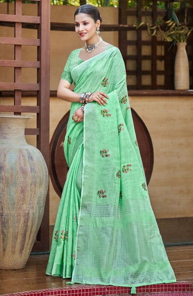 Sea Green Linen Saree for Festival