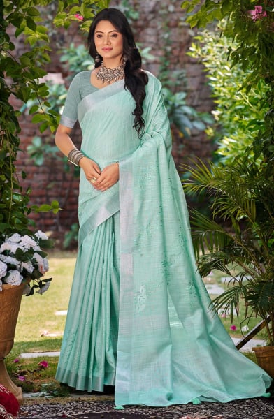 Sea Green Linen Saree for Festival