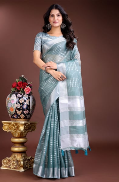 Sea Green Organza Woven Saree
