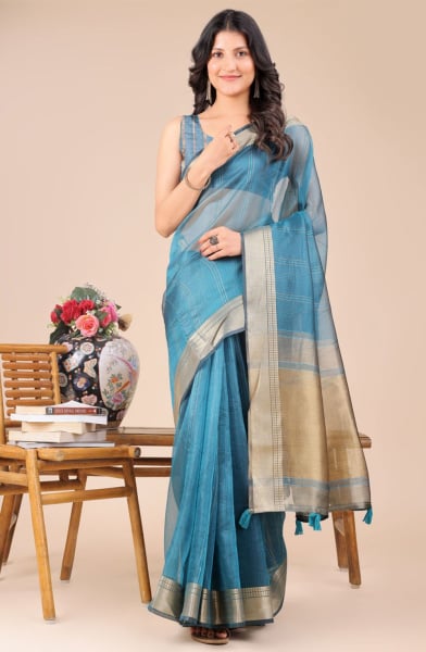Sea Green Organza Woven Saree