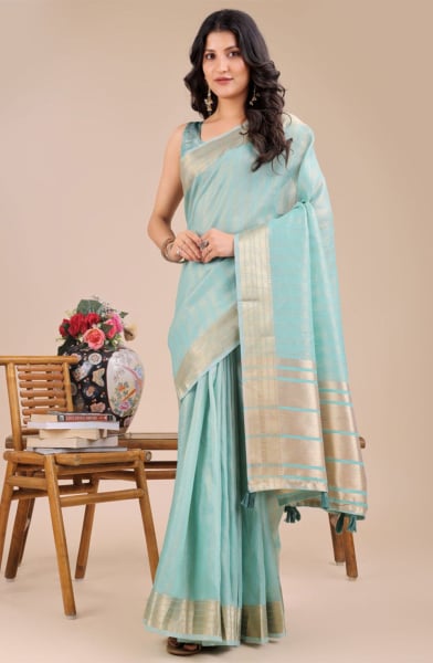 Sea Green Organza Woven Saree