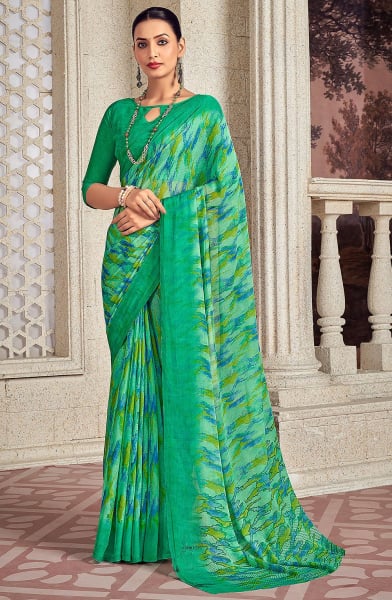 Sea Green Printed Chiffon Casual Wear Saree