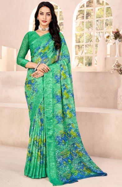 Sea Green Printed Chiffon Saree with Satin Border