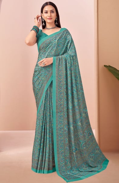 Sea Green Printed Crepe Casual Saree