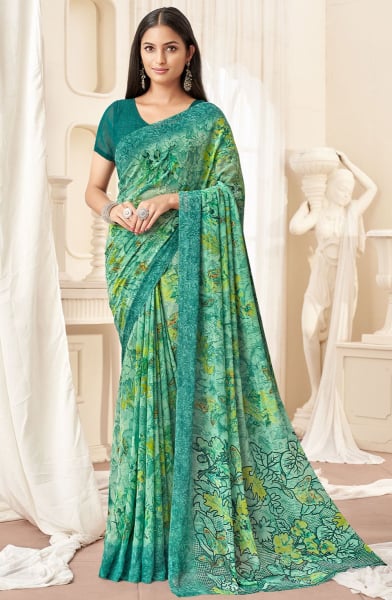 Sea Green Printed Georgette Casual Wear Saree