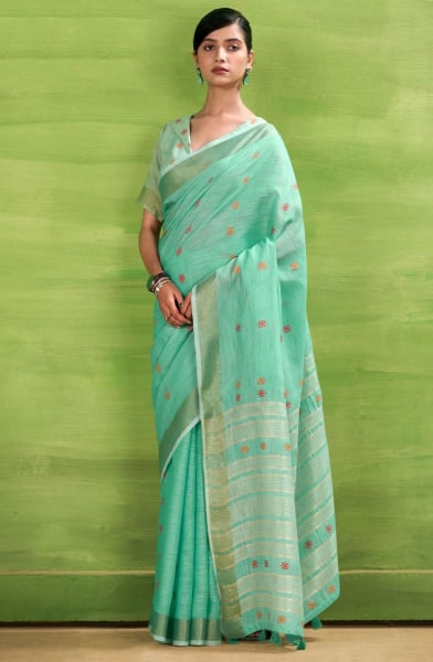Sea Green Printed Linen Silk Saree