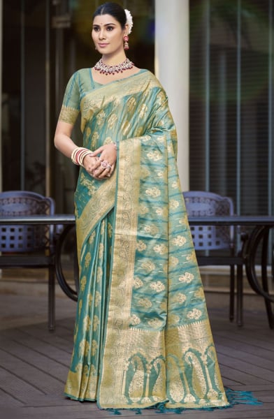 Sea Green Satin Silk Zari Woven Saree