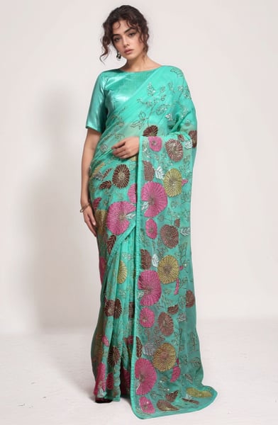 Sea Green Sequins Embroidered Georgette Saree