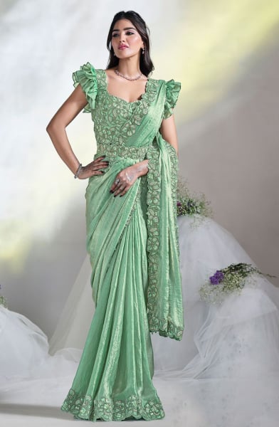 Sea Green Two Tone Satin Silk Ready to Wear Designer Saree